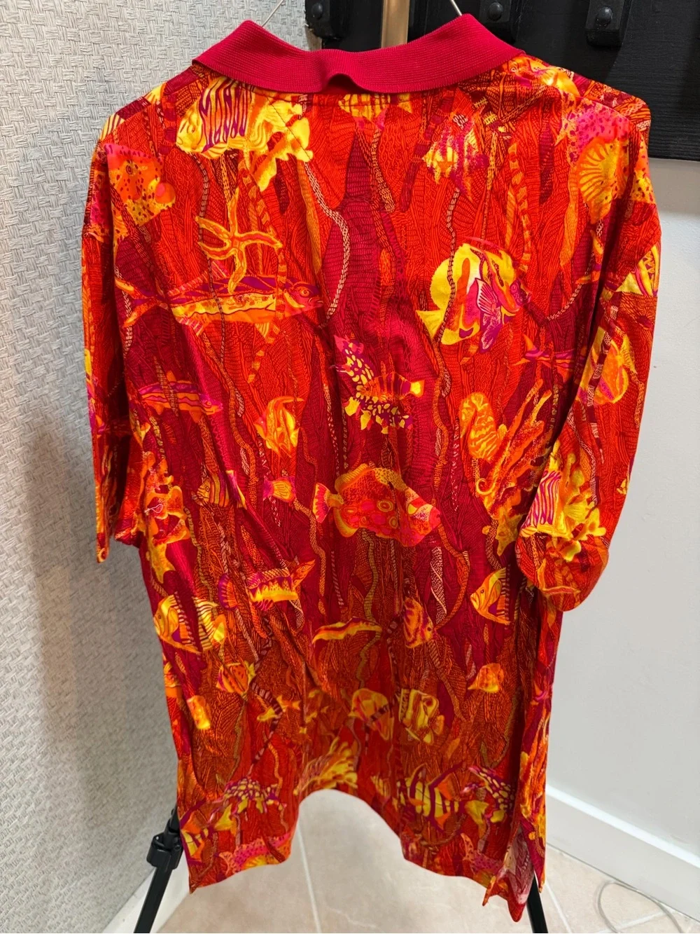 COOGI Red Polo with Orange and Yellow Tropical Print